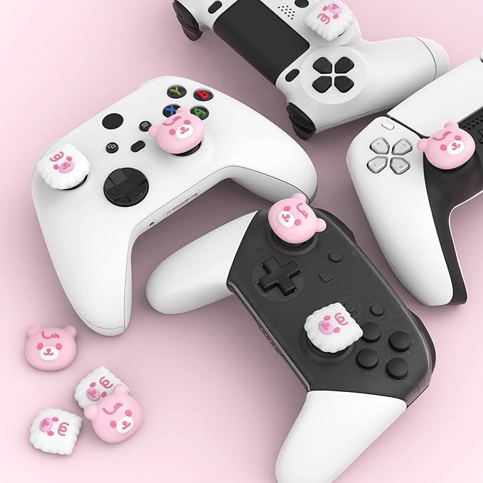 PlayVital Cute Thumb Grip Caps for ps5/4 Controller, Silicone Analog Stick Caps Cover for Xbox Series X/S, Thumbstick Caps for Switch Pro Controller - Cute Bear White & Pink - Figurio