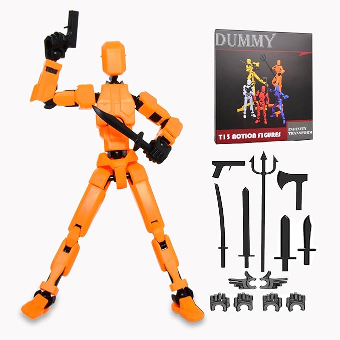 T-13 Action Figure with Pose Stand,Anime Robot Building Toy Sets,Lucky Puppet Joints for Boys,Girls,Men,Women,Multi-Jointed Moveable Dummy Desk Decoration,Desktop Ornament for Game Lover,Orange - Figurio