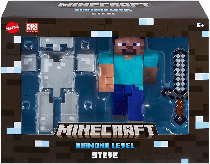 Mattel Minecraft Diamond Level Steve Action Figure & Die-Cast Accessories, Collectible Toy Inspired by Video Game, 5.5 inch - Figurio