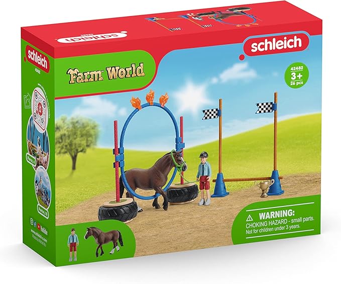 Schleich Farm World, Horse Toys for Kids, Pony Agility Race Playset with Horse Figurines and Accessories 22-Piece Set, Ages 3+ - Figurio