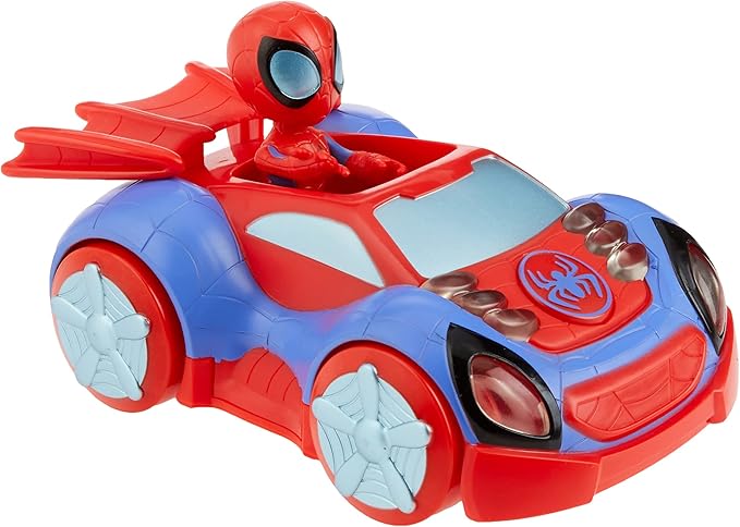 Spidey and His Amazing Friends Glow Tech Web-Crawler Toy Car with Spider-Man Action Figure, Marvel Super Hero Preschool Toys for 3 Year Old Boys and Girls and Up, Lights & Sounds - Figurio