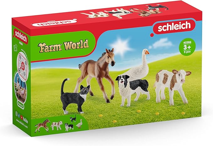 Schleich Farm World Realistic Farm Animal Figurines - 5pc Kids Educational Farm Barn Toys with Realistic Horse, Cow, Cat, Dog, and Goose, Farm Adventure Play for Boys and Girls, Gift for Kids Age 3+ - Figurio