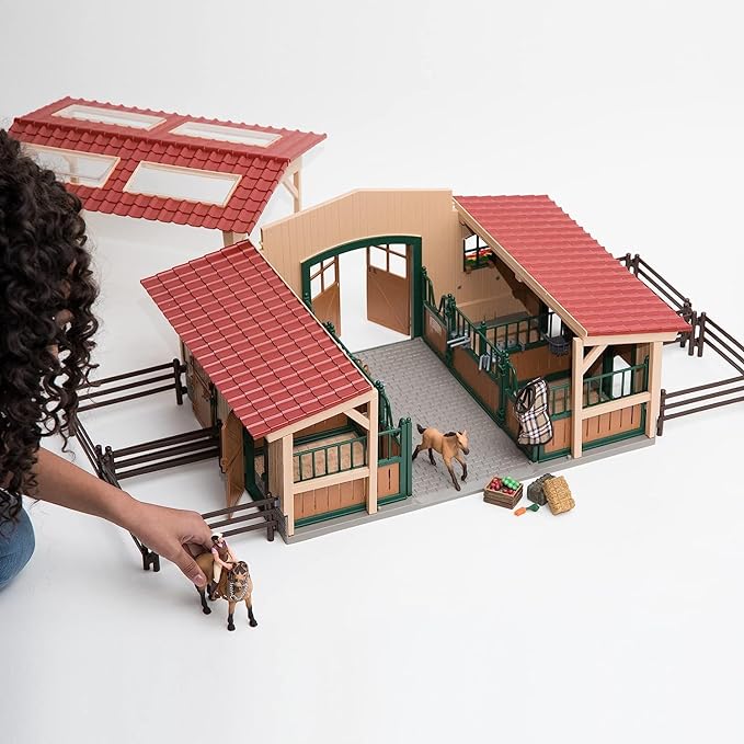 Schleich Horse Barn and Stable Playset - Award-Winning Riding Center 96 Piece Set, 2 Pony Toys, Rider Figurine, and Farm Accessories, for Girls and Boys 3 Years Old and Above - Figurio