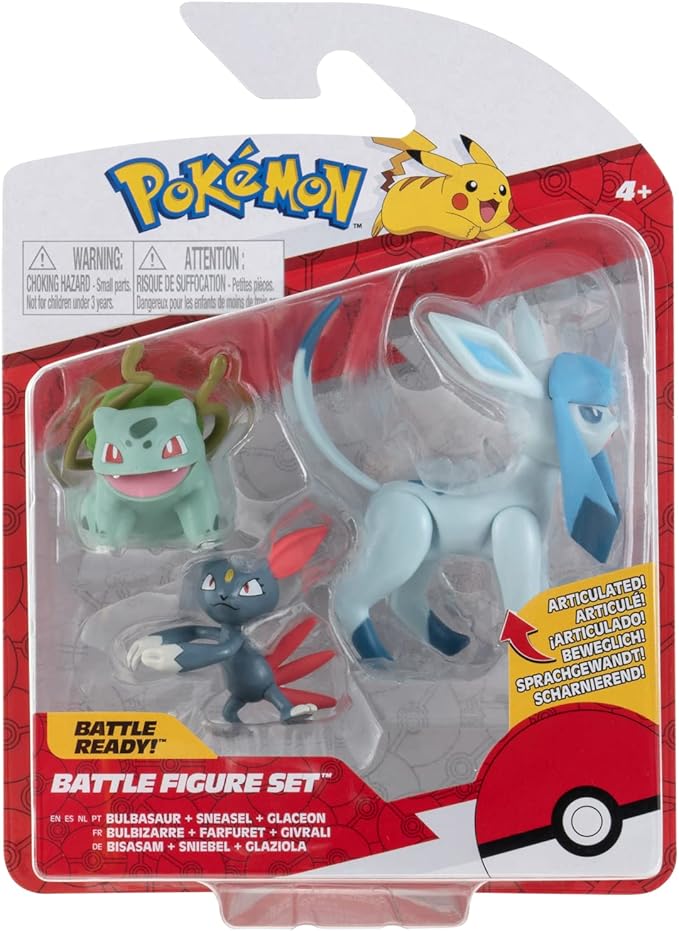 Pokèmon Pokemon PKW0179 3 Pack-Features 2 Bulbasaur, Sneasel & 3-Inch Glaceon Battle Figures-Authentic Details, Multi - Figurio