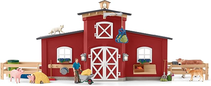 Schleich Farm World Animal Farm Playset with Figurine and Accessories - 92pc Kids Animal Farm Playset with Cow, Horse, Pig, Bull, and Accessories for Boys and Girls, Gift for Kids Age 3+, Red - Figurio