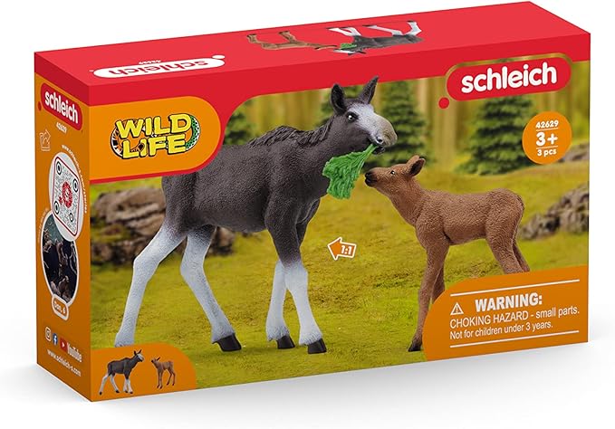 Schleich Wild Life Mother Moose and Calf Playset - North American Forest Animal Toys Playset with Realistic Natural Mother Moose and Baby Calf, Gift for Toddlers, Kids, Boys, and Girls Ages 3 and Up - Figurio