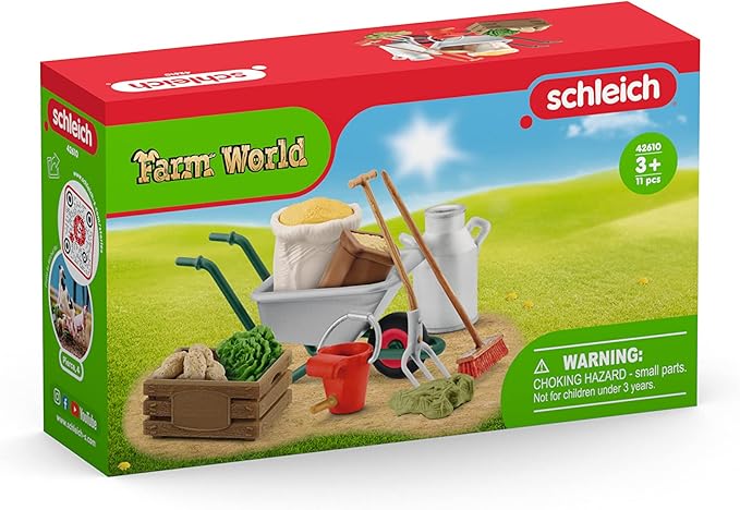 Schleich Farm World Stable Care Accessory Set for Horse and Farm Animal Figurines - 11pc Educational Farm Playset with Wheelbarrow, Pitchfork, and More, Toy for Boys and Girls, Gift for Kids Ages 3+ - Figurio