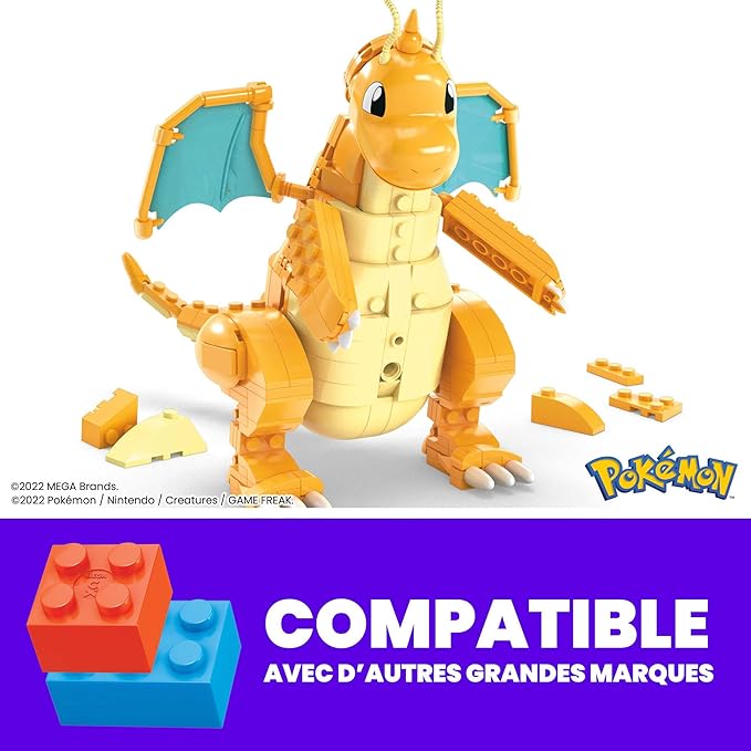 MEGA Pokémon Building Toys Set Dragonite with 388 Pieces, Articulated and Poseable with Motion, 7 Inches Tall, for Kids - Figurio