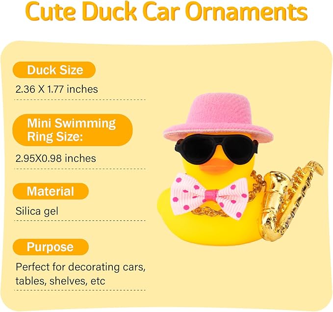 wonuu Rubber Duck Car Ornaments Cute Car Accessories for Duck Car Dashboard Decorations with Bow Tie TOP Hat Necklace and Musical Instruments, Pink hat&tie - Figurio