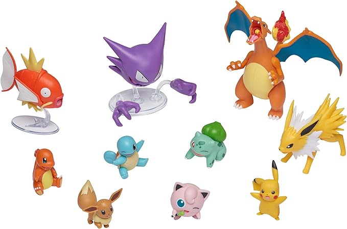 Pokémon Official Ultimate Battle Figure 10-Pack - 2" Pikachu, 2" Charmander, 2" Squirtle, 2" Bulbasaur, 2" Eevee, 2" Jigglypuff, 3" Magikarp, 3" Haunter, 3" Jolteon, 4.5” Charizard (Amazon Exclusive) - Figurio