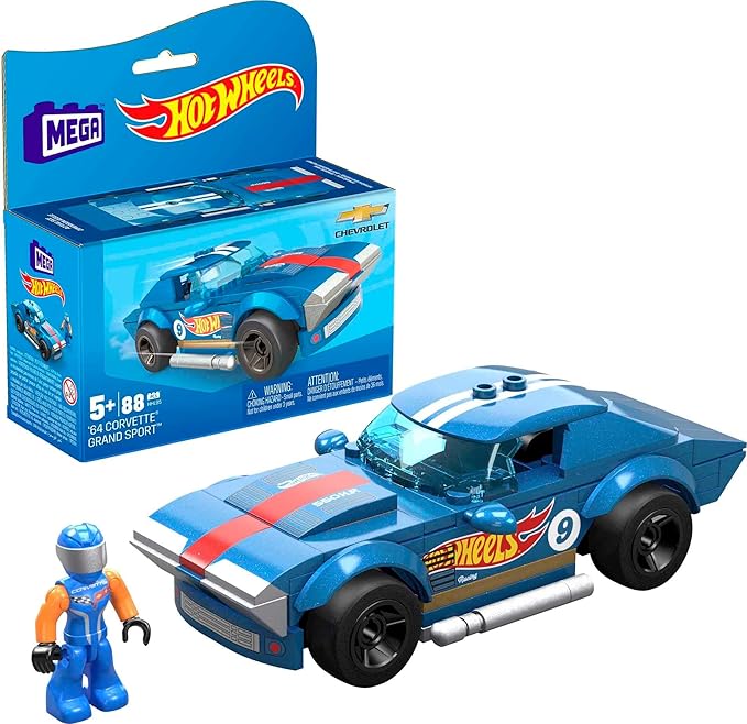 MEGA Hot Wheels Building Toy Race Car Playset, 64 Corvette Grand Sport with 88 Pieces, 1 Micro Action Figure Driver, Blue, Kids Age 5+ Years - Figurio