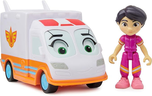 DC Comics Disney Junior Firebuds, Violet and Axl, Action Figure and Ambulance Toy with Interactive Eye Movement, Kids’ Toys for Boys and Girls Aged 3 and up - Figurio