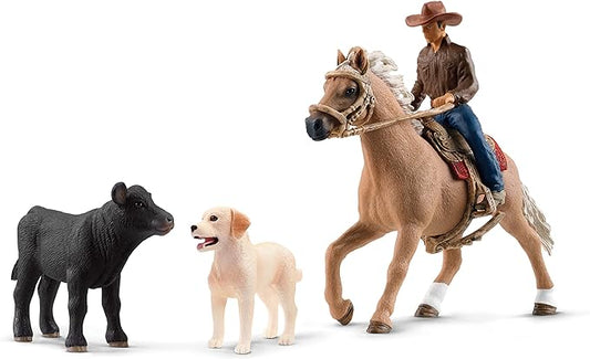 Schleich Farm World Rodeo Calf Adventure Playset - Cowboy Rodeo Rider Figurine with Horse, Cow, and Dog, Realistic Western Rodeo Farm Toys and Accessories, 6-Piece Kids Toy for Boys and Girls - Figurio