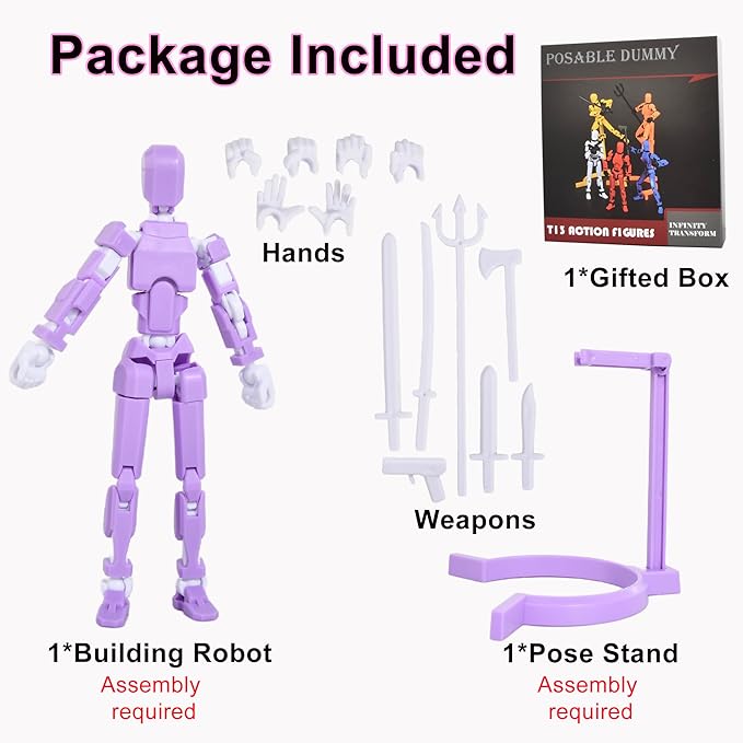 Creative Action Figure with Pose Stand,Building Toy Sets,3D Robot,Lucky Puppet Joints for Boys,Girls,Men,Women,Multi-Jointed Moveable Dummy Desk Decoration,Desktop Ornament for Game Lover (Purple) - Figurio