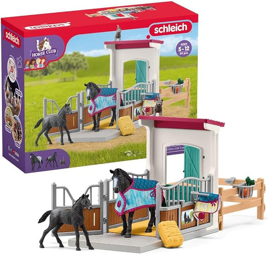 Schleich Horse Club — 34-Piece Stall Playset, Stable Play Set Extension with Mare and Foal Figurines, Toys for Girls & Boys Ages 5+ - Figurio