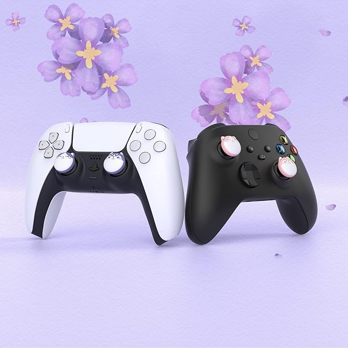 PlayVital Husky & Kitty Cute Thumb Grip Caps for PS5/4 Controller, Silicone Analog Stick Caps Cover for Xbox Series X/S, Thumbstick Caps for Switch Pro Controller - Pale Red & Light Violet - Figurio