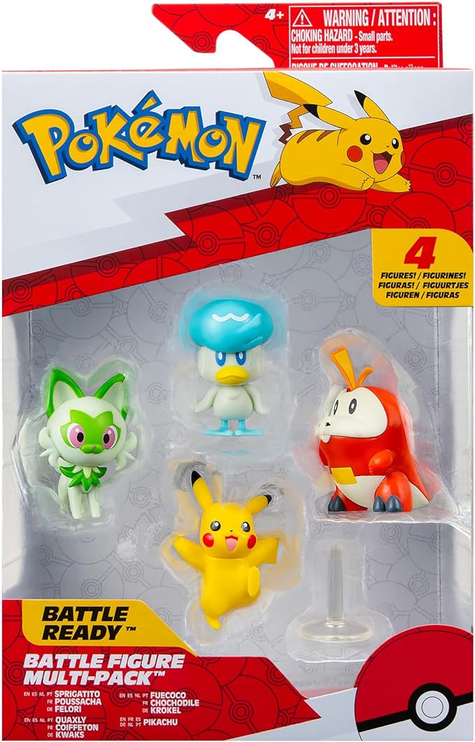 Pokémon Paldea Battle Figure 4 Pack - Features 2-Inch Pikachu, Fuecoco, Sprigatito, and Quaxly Battle Figures - Figurio