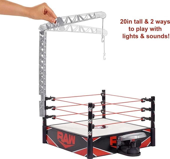 Mattel WWE Kickout Ring Wrekkin Playset with Randomized Ring Count, Springboard Launcher, Crane, Mattel WWE Championship & Accessories, 13-Inch x 20-Inch Ring - Figurio