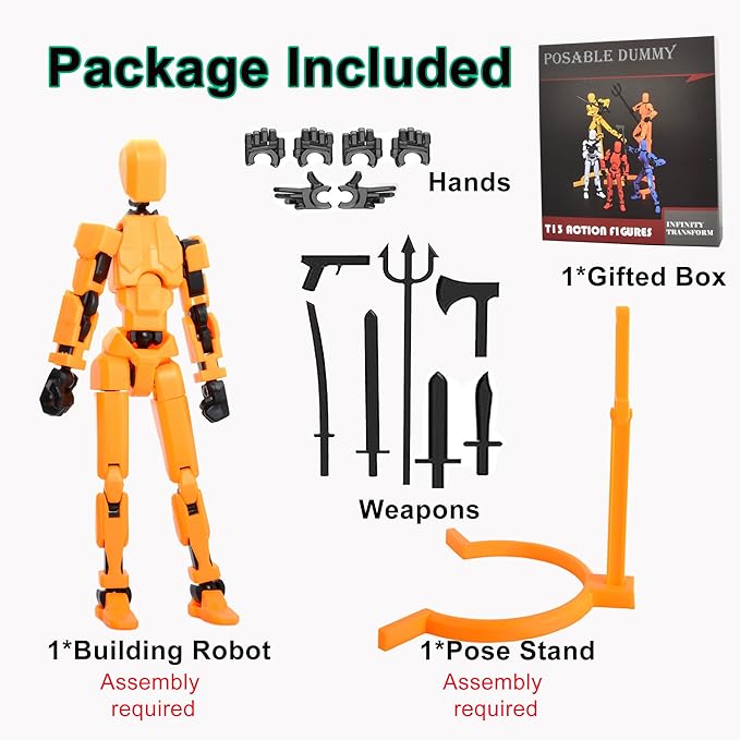 T-13 Action Figure with Pose Stand,Anime Robot Building Toy Sets,Lucky Puppet Joints for Boys,Girls,Men,Women,Multi-Jointed Moveable Dummy Desk Decoration,Desktop Ornament for Game Lover,Orange - Figurio