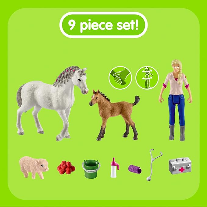 Schleich Farm World 9pc. Vet Visit Playset with Piglet, Mare, and Foal Horse Figurines - Detailed and Durable Farm Animal Toy Set, Fun and Educational Play for Boys and Girls, Gift for Kids Ages 3+ - Figurio