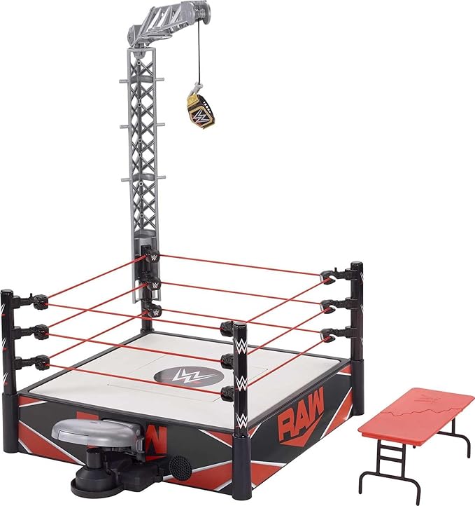 Mattel WWE Kickout Ring Wrekkin Playset with Randomized Ring Count, Springboard Launcher, Crane, Mattel WWE Championship & Accessories, 13-Inch x 20-Inch Ring - Figurio