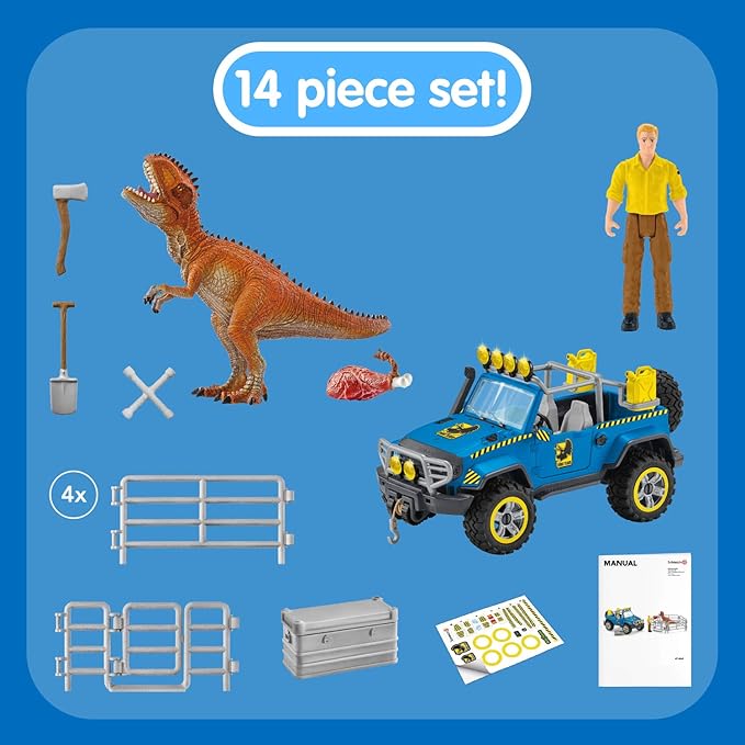 Schleich Dinosaur Toy Truck with Dino Outpost & Giganotosaurus 15- Piece Playset for Kids Ages 4-12 - Figurio