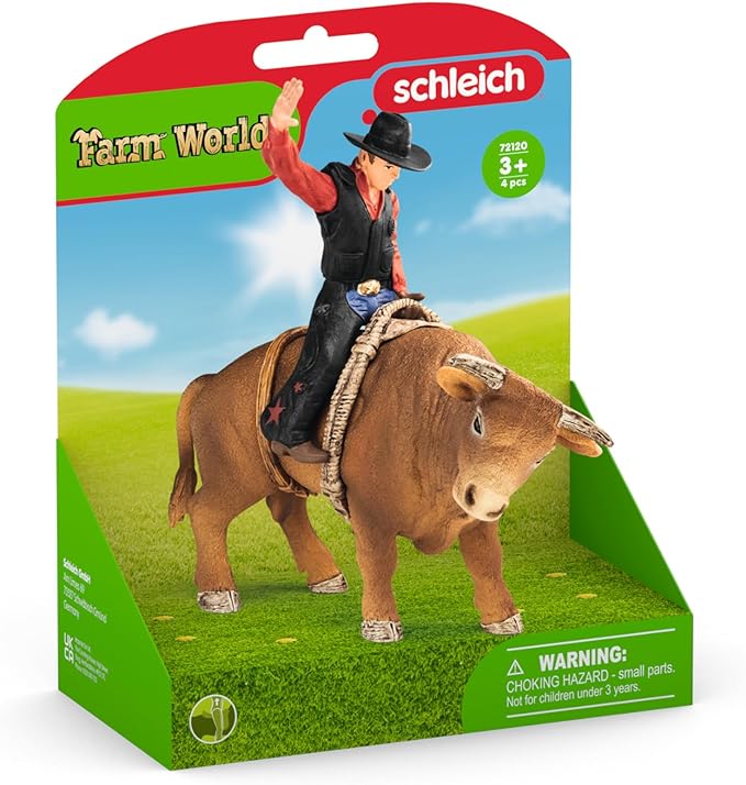 Schleich Farm World Cowboy Bull Riding 4-Piece Cowboy Toy Set for Rodeo Fans & Kids Ages 3+ - Figurio