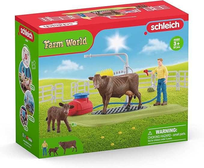 Schleich Farm World, Farm Animal Toys for Kids, Happy Cow Wash with Cow Toys and Working Wash Area 16-piece set, Ages 3+ - Figurio