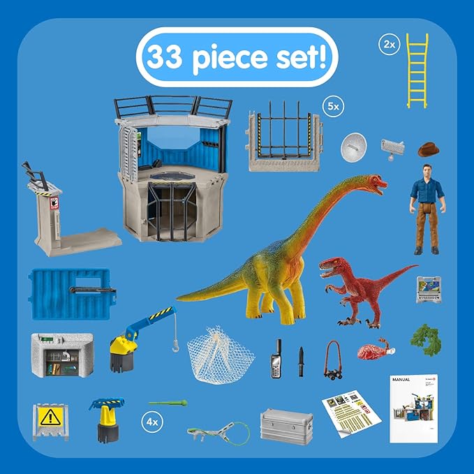 Schleich Dinosaur Toys Science Playset - 33-Piece Set Research Station with Brachiosaurus, Velociraptor, Men Scientist Action Figures, and Dart Cannon, Kids Figurines for Ages 4 and Above - Figurio