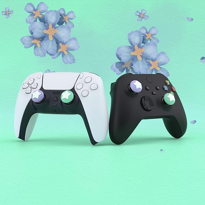 PlayVital Star Design Cute Thumb Grip Caps for ps5/4 Controller, Silicone Analog Stick Caps Cover for Xbox Series X/S, Thumbstick Caps for Switch Pro Controller - Mint Green & Light Violet - Figurio