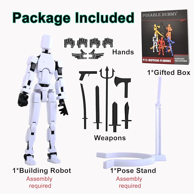 T-13 Action Figure with Pose Stand,Anime Robot Building Toy Sets,Lucky Puppet Joints for Boys,Girls,Men,Women,Multi-Jointed Moveable Dummy Desk Decoration,Desktop Ornament for Game Lover,White - Figurio