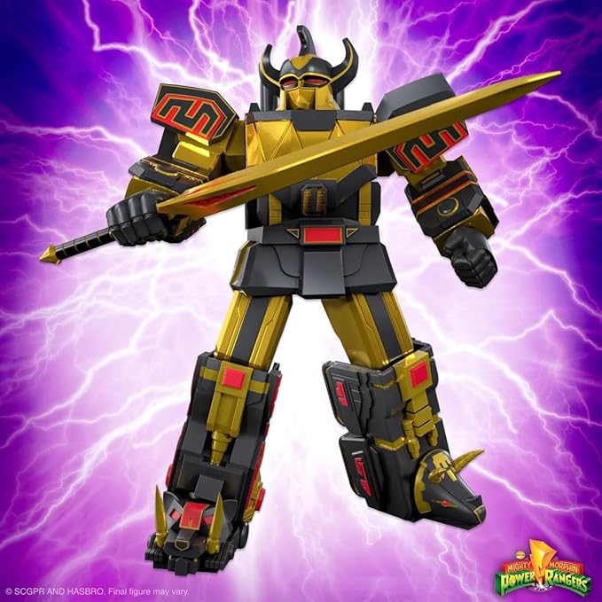 Super7 ULTIMATES! Mighty Morphin Power Rangers Megazord (Black and Gold) - 8" Power Rangers Action Figure with Accessories Classic TV Show Collectibles and Retro Toys - Figurio