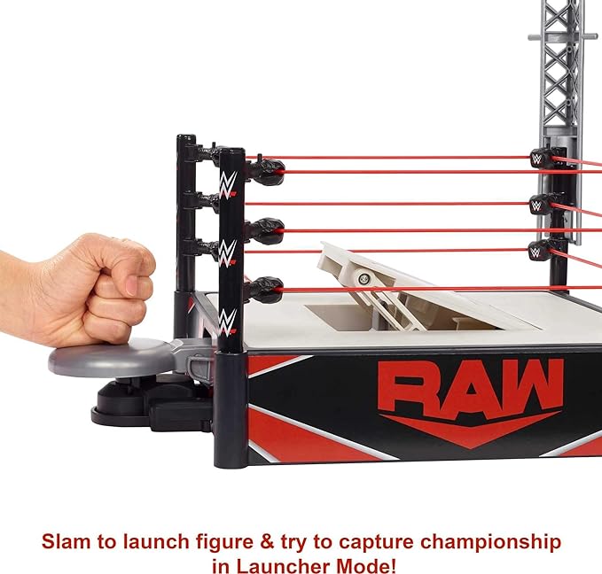 Mattel WWE Kickout Ring Wrekkin Playset with Randomized Ring Count, Springboard Launcher, Crane, Mattel WWE Championship & Accessories, 13-Inch x 20-Inch Ring - Figurio