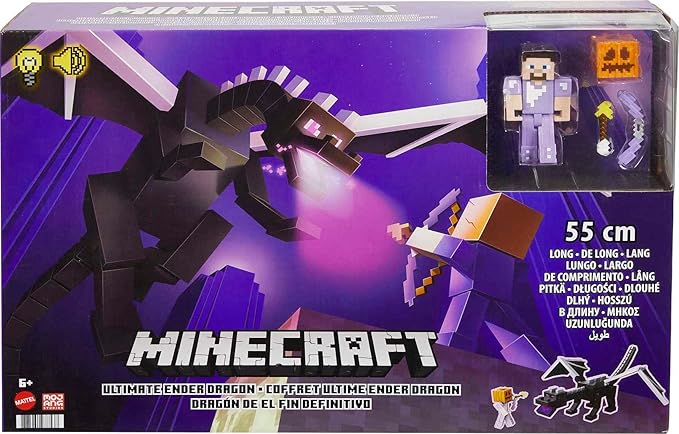 Mattel Minecraft Ultimate Ender Dragon Figure, 20-in Mist-Breathing Creature, Plus 3.25-in Color-Change Steve Figure, Weapon, Amor and Battle Accessory, Gift for 6 Years Old and Up - Figurio