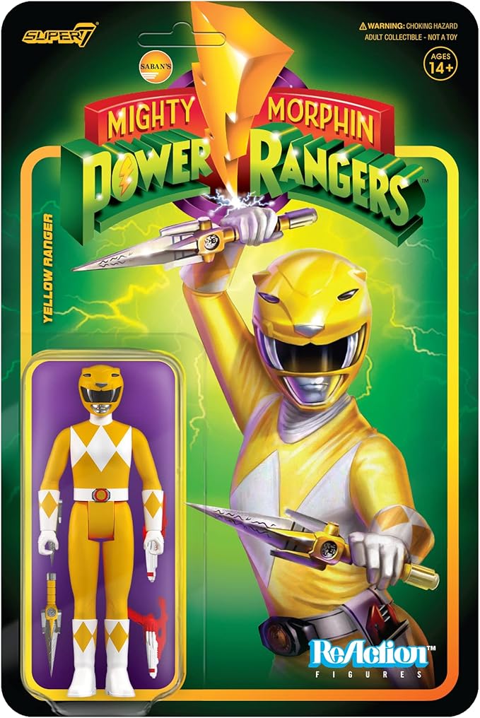 Super7 Mighty Morphin Power Rangers Yellow Ranger - 3.75" Power Rangers Action Figure with Accessories Classic TV Show Collectibles and Retro Toys - Figurio