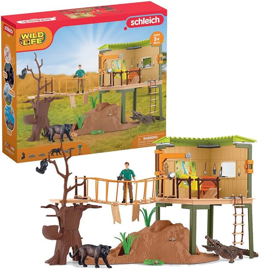 Schleich Wild Safari Ranger Adventure Station Wildlife Action Playset - Safari Animals Tree Toys Playset with Alligator, Panther, Safari Base, Guide Figurine, and More, Gift for Boys and Girls Ages 3+ - Figurio