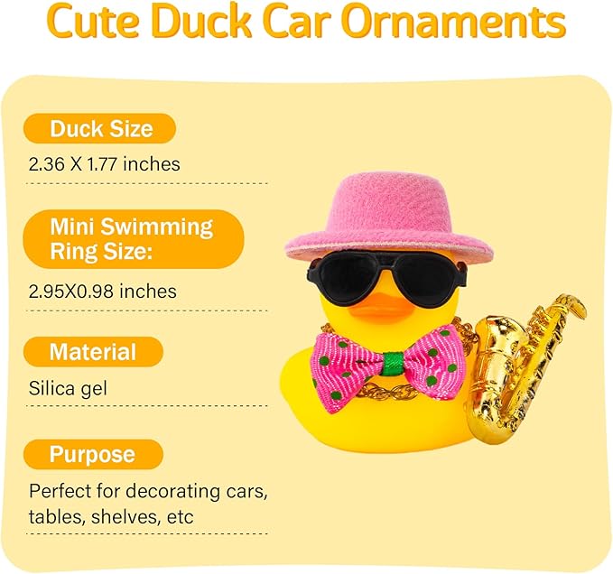 wonuu Rubber Duck Car Ornaments Cute Car Accessories for Duck Car Dashboard Decorations with Bow Tie TOP Hat Necklace and Musical Instruments, Pink hat rose tie - Figurio