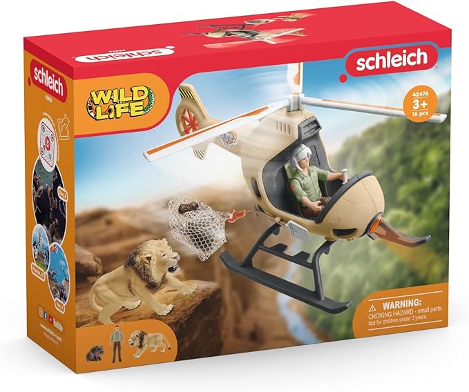 Schleich Wild Life 8pc. Animal Rescue Helicopter Playset with Lion and Hippo Figurines - Highly Detailed Wild Animal Playset, Durable for Education and Fun Play, Perfect for Boys and Girls, Ages 3+ - Figurio