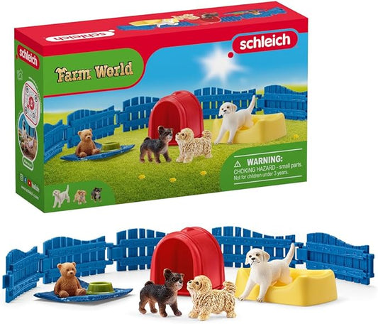 Schleich Farm World 13-Piece Puppy Pen Playset - Featuring 3 Cute Puppy Figurines and Accessories, Educational and Durable Toys, Fun and Imaginative Play for Boys and Girls, Gift for Kids Ages 3+ - Figurio