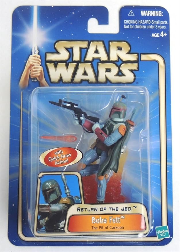 STAR WARS Year 2002 Return of The Jedi Series 4 Inch Tall Action Figure - Boba Fett at The Pit of Carkoon with Quick Draw Action, Blaster Rifle with Removable Fireblast Tip and Display Base - Figurio