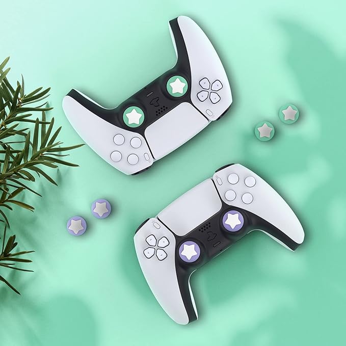 PlayVital Star Design Cute Thumb Grip Caps for ps5/4 Controller, Silicone Analog Stick Caps Cover for Xbox Series X/S, Thumbstick Caps for Switch Pro Controller - Mint Green & Light Violet - Figurio