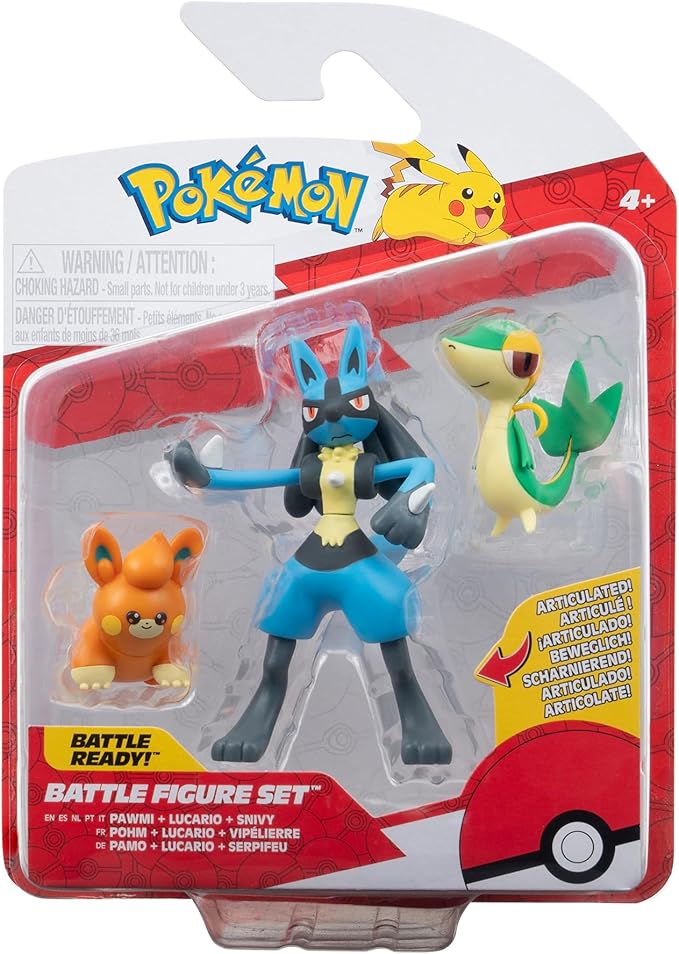 Pokémon Battle Figure 3 Pack - Features 2-Inch Snivy and Pawmi and 3-Inch Lucario Battle Figures - Figurio