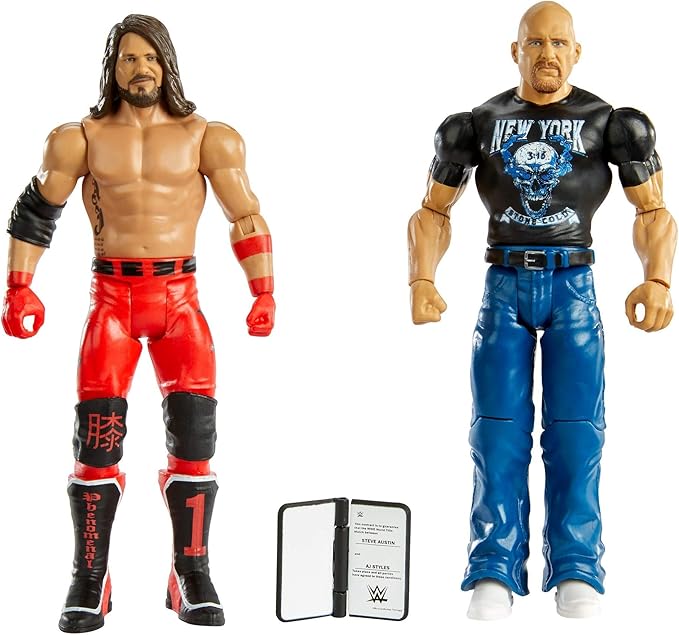 WWE MATTEL Stone Cold Steve Auston vs AJ Styles Battle Pack Series #67 with Two 6-inch Articulated Action Figures & Ring Gear - Figurio