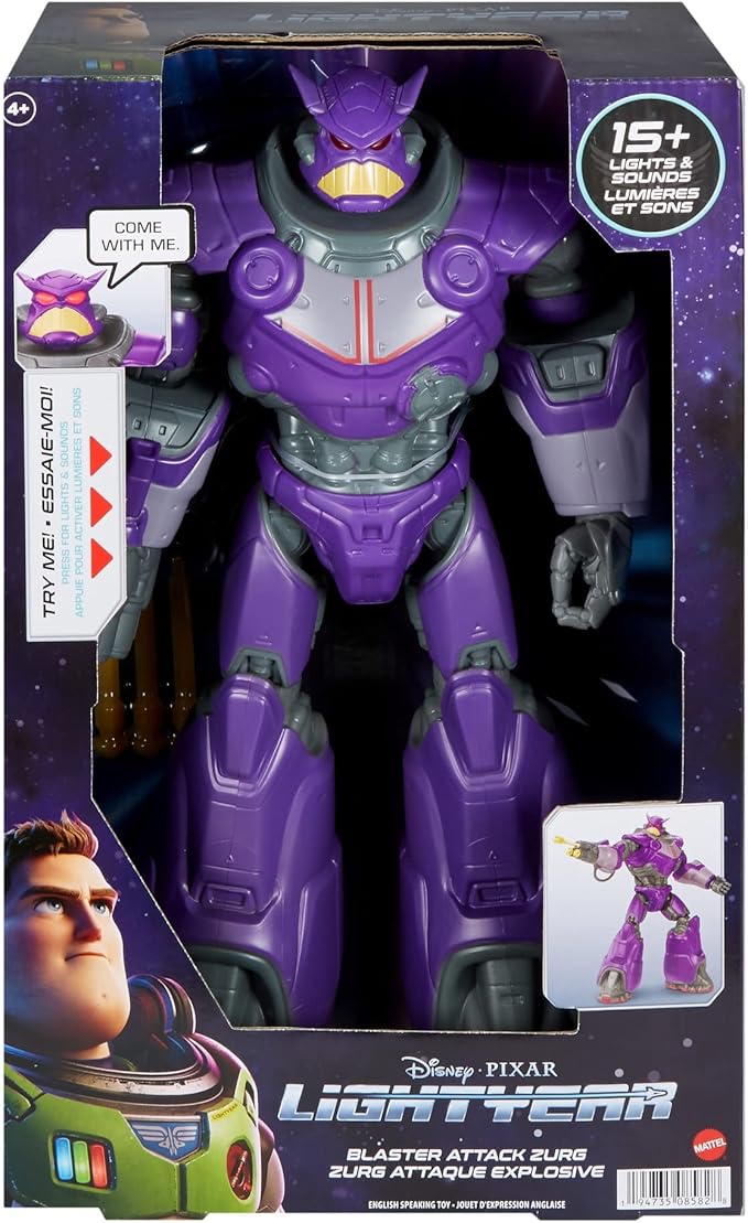 Mattel Disney and Pixar Lightyear 12-in Scale Action Figure, Zurg with Lights, Sounds, Blaster & Projectiles - Figurio