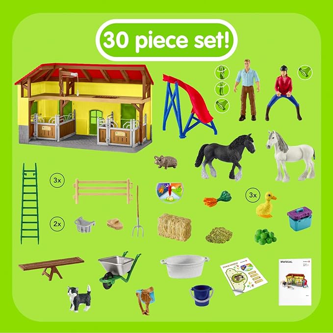 Schleich Farm World, 30-Piece Playset, Farm Toys and Farm Animals for Kids Ages 3-8, Horse Stable 10.5 x 49 x 34.5 cm - Figurio