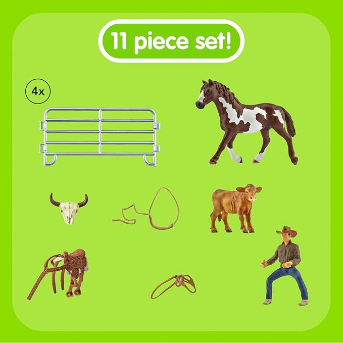 Schleich Farm World, Rodeo Toys for Kids, Team Roping with Cowboy, Cow, and Horse, 11-piece set, Ages 3+ - Figurio