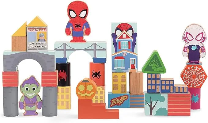 Just Play Disney Marvel Wooden Toys Spidey and His Amazing Friends 30-piece Building Blocks Set, Officially Licensed Kids Toys for Ages 18 Month - Figurio