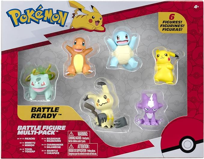 Pokémon Battle Figure 6 Pack-Features 2-Inch Pikachu, Squirtle, Charmander, Bulbasaur, Mimikyu & Toxel-Authentic Details - Figurio