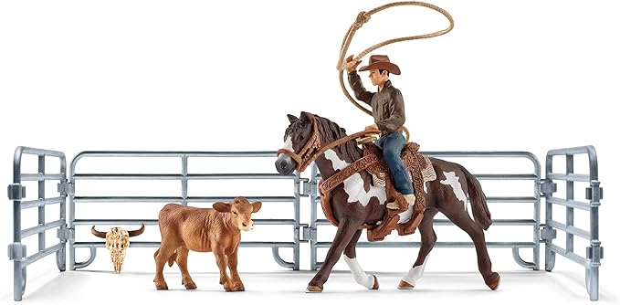 Schleich Farm World, Rodeo Toys for Kids, Team Roping with Cowboy, Cow, and Horse, 11-piece set, Ages 3+ - Figurio