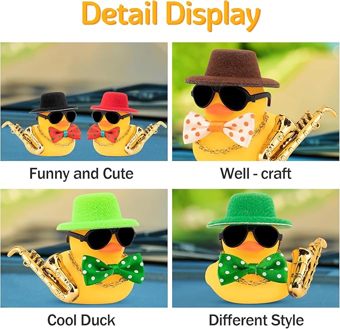 wonuu Rubber Duck Car Ornaments Cute Car Accessories for Duck Car Dashboard Decorations with Bow Tie TOP Hat Necklace and Musical Instruments, Brown - Figurio